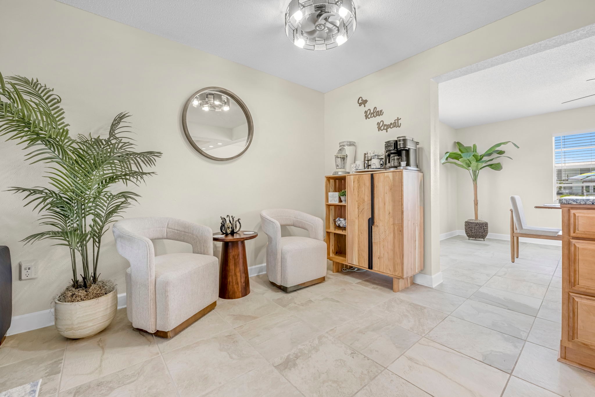 Sitting nook and coffee station with coastal decor